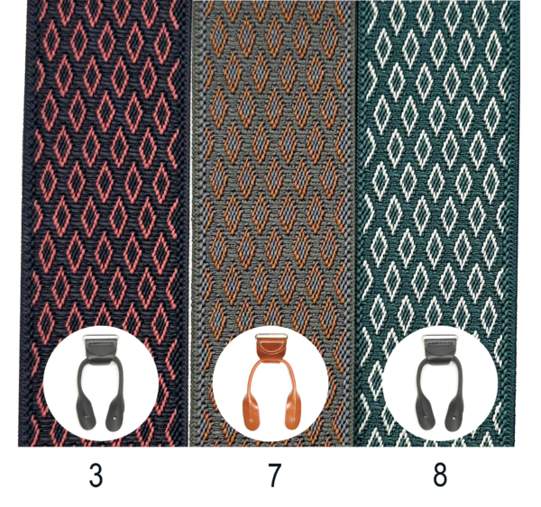 Close-up of woven suspenders featuring diamond patterns in black with red accents, grey with brown accents, and green with white accents. Includes premium leather clips in black and brown.